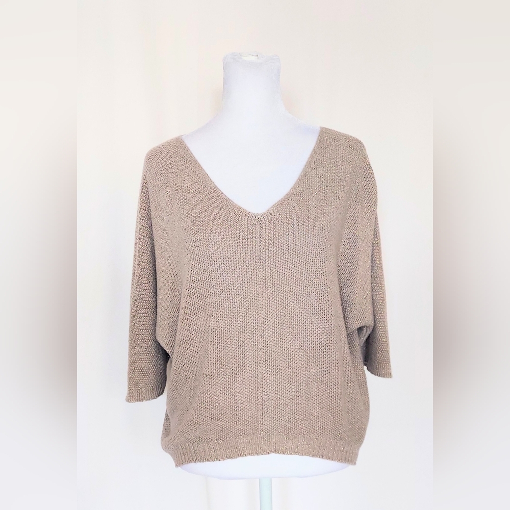 Carina Ricci 3/4 Sleeve V Neck Sweater Gold Sparkle Gold Size Small
